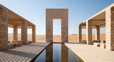 Desert Oasis Architecture: Modern Stone Structure with Pool and Arches in Arid Landscape, Middle East Travel Destination, Luxury Resort