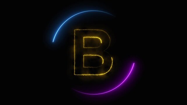Yellow Neon Letter B Surrounded by Purple and Blue Arcs on animated Black Background alphabet glowing. Letter B with purple and blue arcs, alphabet icon, neon text design, and futuristic typography.