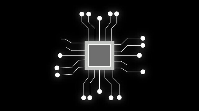 Animated White Microchip Circuit with Subtle Glow on Black Background processor technology. White microchip circuit in animated motion with subtle glow forming smooth processor and technology visuals.