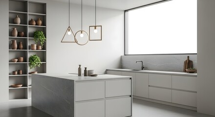 Modern Minimalist Kitchen Interior Design with Island, Shelving, and Geometric Lighting Fixtures