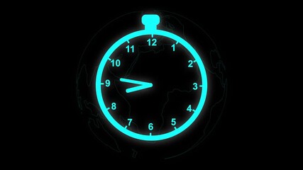 Cyan Neon Clock Face with World Map Overlay on animated Black Background Showing Quarter Past Three. Cyan neon clock face with animated world map overlay displaying quarter past three for interactive - Powered by Adobe