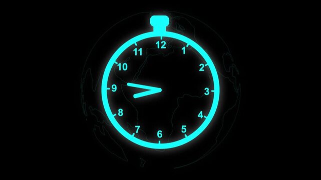Cyan Neon Clock Face with World Map Overlay on animated Black Background Showing Quarter Past Three. Cyan neon clock face with animated world map overlay displaying quarter past three for interactive - Powered by Adobe