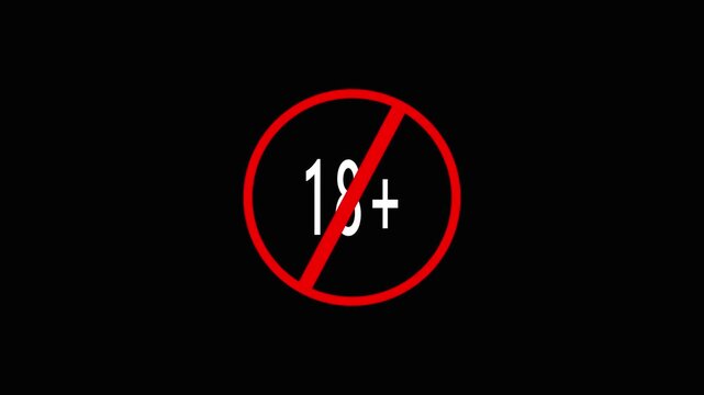 Red Prohibition Sign with 18 Plus Text on animated Black Background eighteen age restriction. Animated red 18 plus sign forming smooth dynamic age restriction and eighteen visual motion effects.