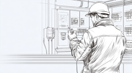 Worker in Hard Hat Inspecting Control Panel with Digital Device