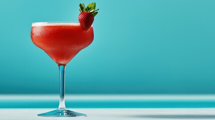 A glass of strawberry daiquiri garnished with a strawberry and a sprig of mint, served poolside