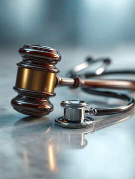 Conceptual image of medical law and healthcare justice showing a wooden gavel and a stethoscope on a reflective surface representing legal and medical ethics and res