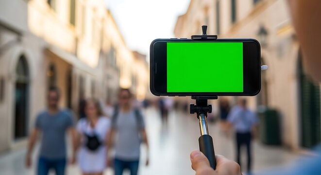 Traveler vlogging in a vibrant city street, using a smartphone on a selfie stick with a green screen display for easy video editing and content creation