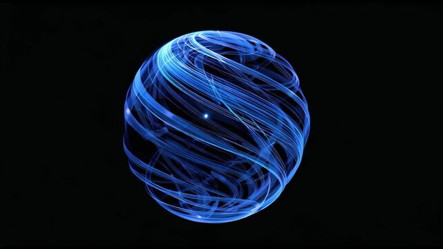 Abstract blue light trails dynamically form a sphere on black. Use for tech, innovation, futuristic themes. Enhance presentations, web design, and creative projects.