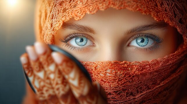 Mysterious beauty with striking blue eyes peering from behind intricate orange lace veil, henna on hands, capturing alluring cultural elegance - Powered by Adobe