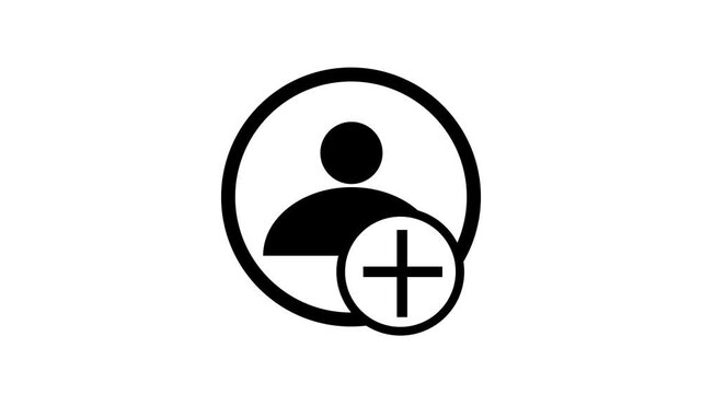 Animated Black Silhouette of Person Icon with Plus Sign on White Background avatar button. Black silhouette person icon with animated plus sign forming dynamic motion for avatar button interface.