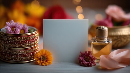 Elegant blank card perfect for weddings or upscale events with delicate flowers, traditional bangles, and a luxurious perfume bottle for added charm