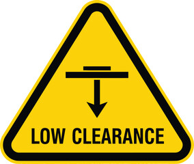 Low clearance warning sign yellow triangle with black symbol and text vector illustration for safety and caution