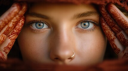 Intense blue eyes framed by henna hands, a beautiful portrait of cultural expression and captivating beauty, perfect for diverse storytelling