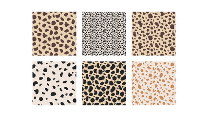 Animal seamless patterns. Dalmatian, giraffe, cow, background collection. Irregular freeform blobs deer, dog skin texture simple shapes. Camouflage patterns. Vector monochrome seamless collection.