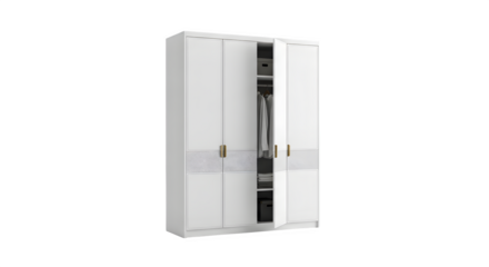 Modern white wardrobe with open door isolated on transparent background