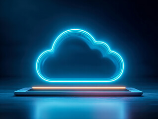 Bright neon glowing cloud shape hovering above a sleek digital tablet symbolizing modern cloud computing technology and data storage solutions in a dark setting