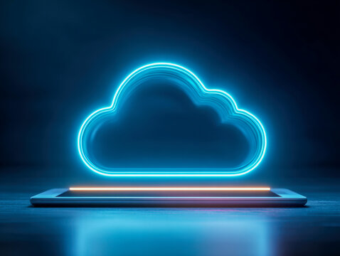 Bright neon glowing cloud shape hovering above a sleek digital tablet symbolizing modern cloud computing technology and data storage solutions in a dark setting