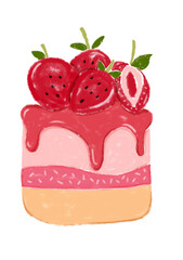 Watercolor dessert with silce of strawberry cake