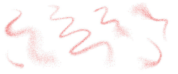 Noise red gradients chili peppers fly squiggles shapes set. Grainy texture paprika splash wavy long elements. Red masala dotwork forms. Vector gritty wavy curved lines. Grunge food ingredient figures.