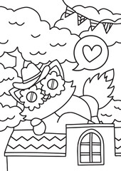 Coloring book for children with Cute Fox sleeping on the rooftop cartoon illustration
