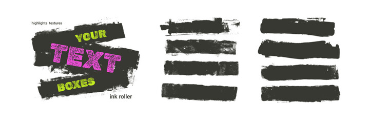 Grunge text boxes wide line textures elements. Thick straight black brush strokes callouts. Smear handmae line linocut textures. Punk wall graffiti vector rolled lino cut streaks on white background. © Syuzann q