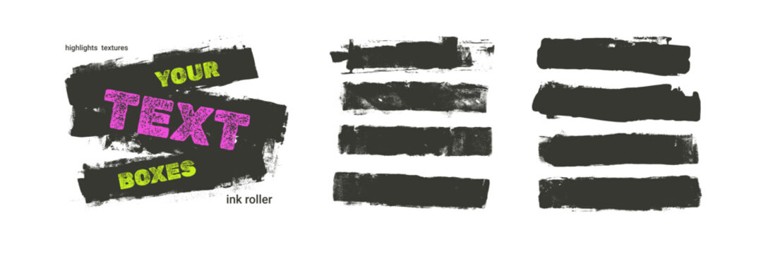 Grunge text boxes wide line textures elements. Thick straight black brush strokes callouts. Smear handmae line linocut textures. Punk wall graffiti vector rolled lino cut streaks on white background.