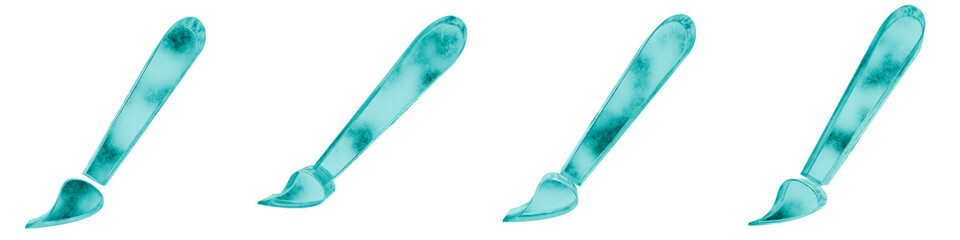 Set of four 3D brush paintbrush shapes in frosted blue ice glass style, isolated on a transparent background. Glassmorphism icons and 3D elements for modern graphic design.