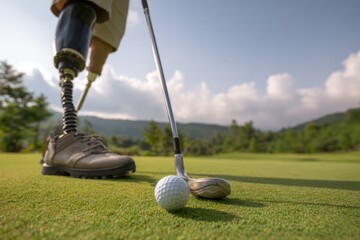 Determined golfer with prosthetic leg concentrates on putting during sunny afternoon at the golf course, showcasing skill and resilience against breathtaking landscape