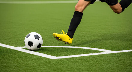 Obraz premium Energetic soccer player's leg and foot in yellow cleats preparing to kick the ball on a vibrant green football pitch corner