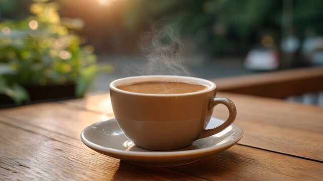 A steaming cup of hot coffee rests on a saucer on a wooden table bathed in warm soft light with blurred green foliage in the background