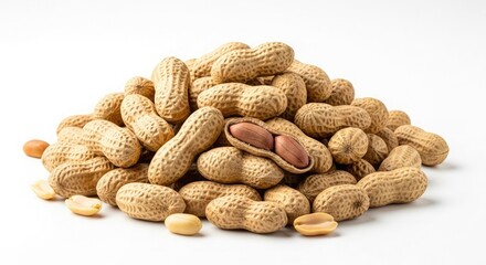 A pile of peanuts in their shells, with a few shelled peanuts scattered around, on a white surface.