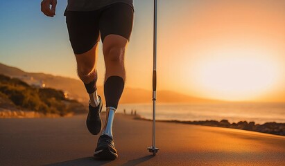 A man with an amputated leg is running on a road at sunset wearing black shorts and sneakers with a prosthetic foot and crutches