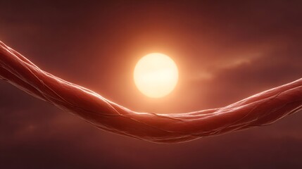 A luminous sun is viewed through a pulsing fibrous red structure resembling a biological artery or muscle against a dark sky