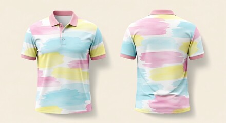 Men's polo shirt mockup featuring an all-over pastel watercolor abstract print with horizontal pink, blue, and yellow brush strokes.