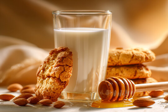 Glass of fresh milk surrounded by homemade almond cookies and a honey dipper with golden honey on warm soft fabric background for cozy breakfast scene - Powered by Adobe