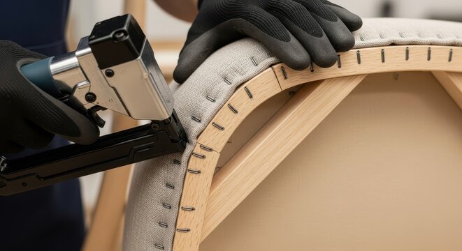 Upholstery process with manual staple gun and fabric on wooden frame