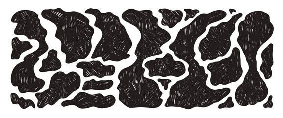 Abstract shapes blob linocut pattern. Irregular free form liquid elements background. Abstract amoeba blob spots. Uneven camouflage animal print. Simple mini splashes. Vector cow bg illustration. © Syuzann q