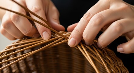Close-up of hands weaving a wicker basket with brown rattan material