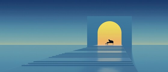 Minimalist stage design with a piano and blue sky gradient background featuring geometric shapes and an arched door leading to golden sunset