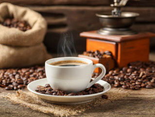 A steaming cup of freshly brewed coffee surrounded by roasted beans with a vintage manual grinder and burlap sack in a rustic wooden setting
