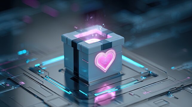A stylized digital gift box with a heart-shaped hologram emerging from it is displayed on a sleek futuristic background, representing the concept of virtual Valentine's gifts
