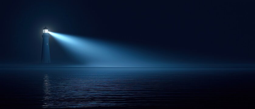 A lighthouse beam shines on the horizon illuminating an empty sea at night with blue light reflecting off calm water creating ripples
