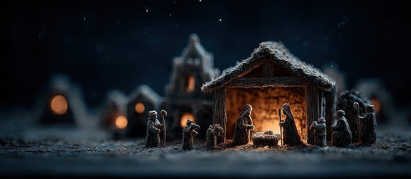 Miniature Nativity scene figurines outside a rustic wooden stable, starry night