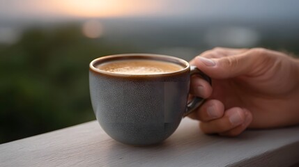 Obraz premium A hand holds a ceramic cup of coffee with foam art against a blurred natural background at twilight