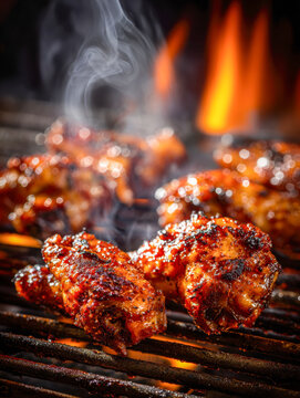 Deliciously grilled seasoned chicken wings cooking on an open flame barbecue with smoke rising in a summer outdoor setting