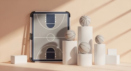 バスケットボール戦術ボードとボールが美しく配置され、光が優しく当たる