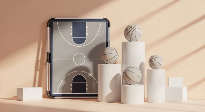 バスケットボール戦術ボードとボールが美しく配置され、光が優しく当たる - Powered by Adobe