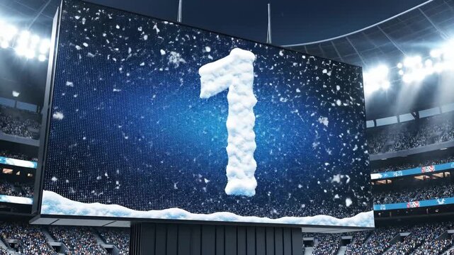 countdown timer new year arena scoreboard countdown number frosts, stadium lights blaze and fans prepare as production crew triggers confetti and snow effects; panoramic crowd and energetic vibe.