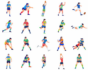 Geometric Low Poly Female Rugby Player Action Poses Sport Illustration