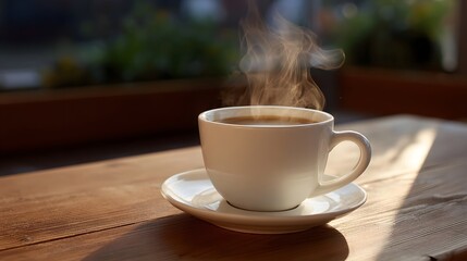 Fototapeta premium Steaming hot coffee in a white cup and saucer on a wooden table illuminated by warm sunlight
